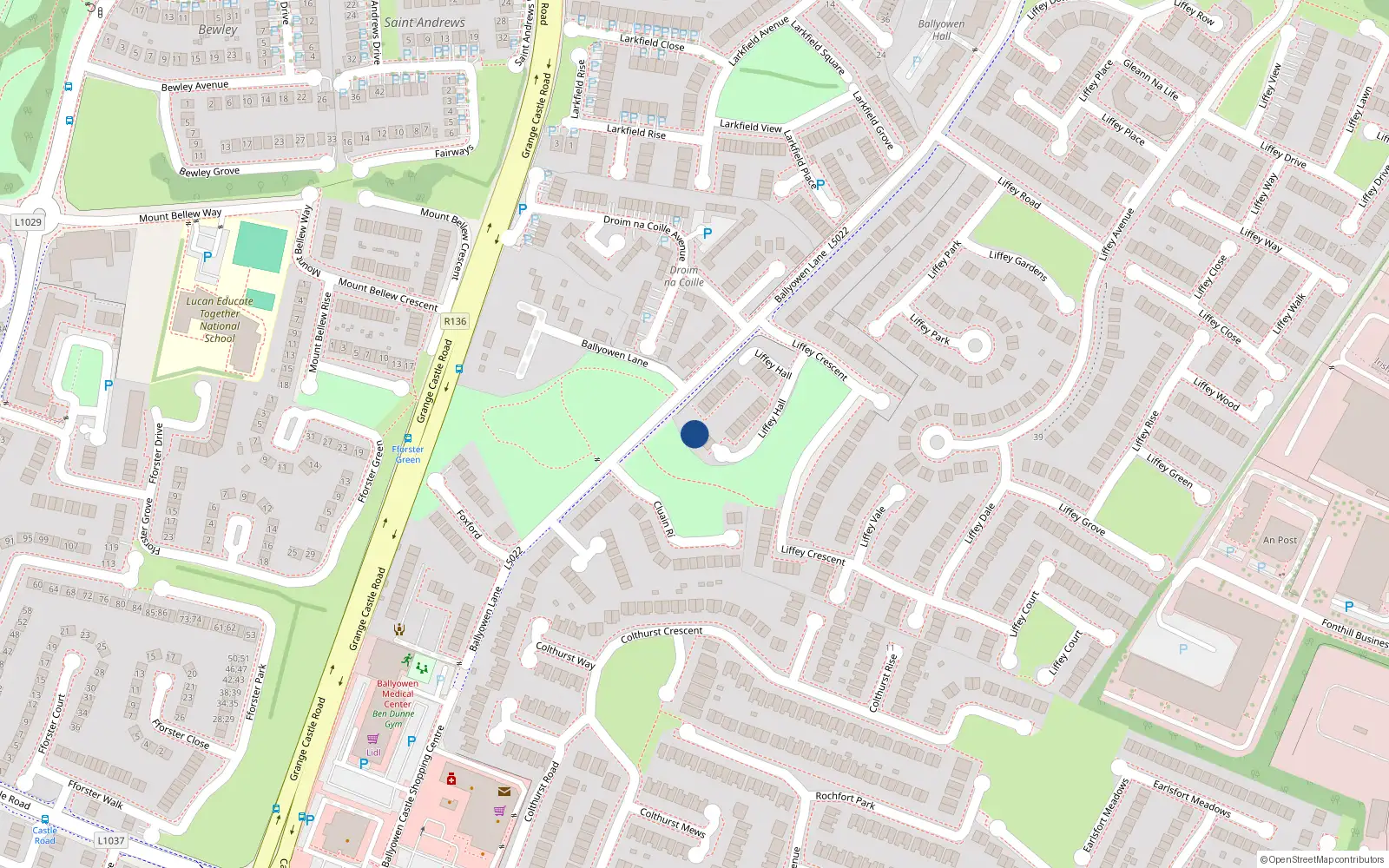 Overhead map showing the location of 16 Liffey Hall, Lucan, Dublin