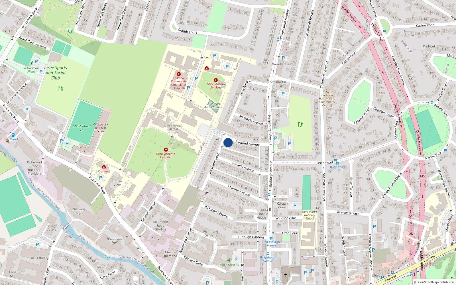 Overhead map showing the location of 16 Lomond Avenue, Dublin 3