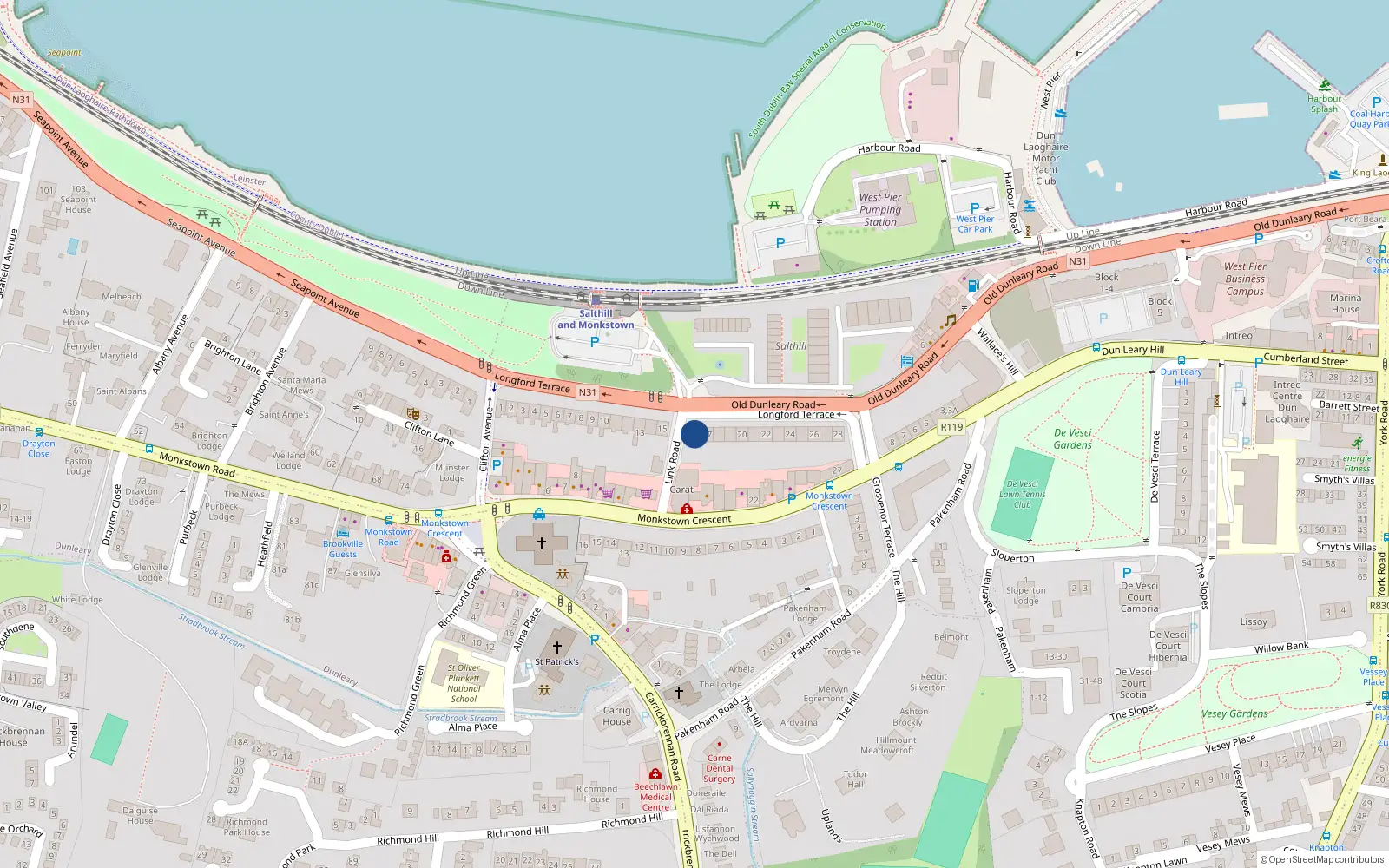 Overhead map showing the location of 16 Longford Terrace, Monkstown, Dublin