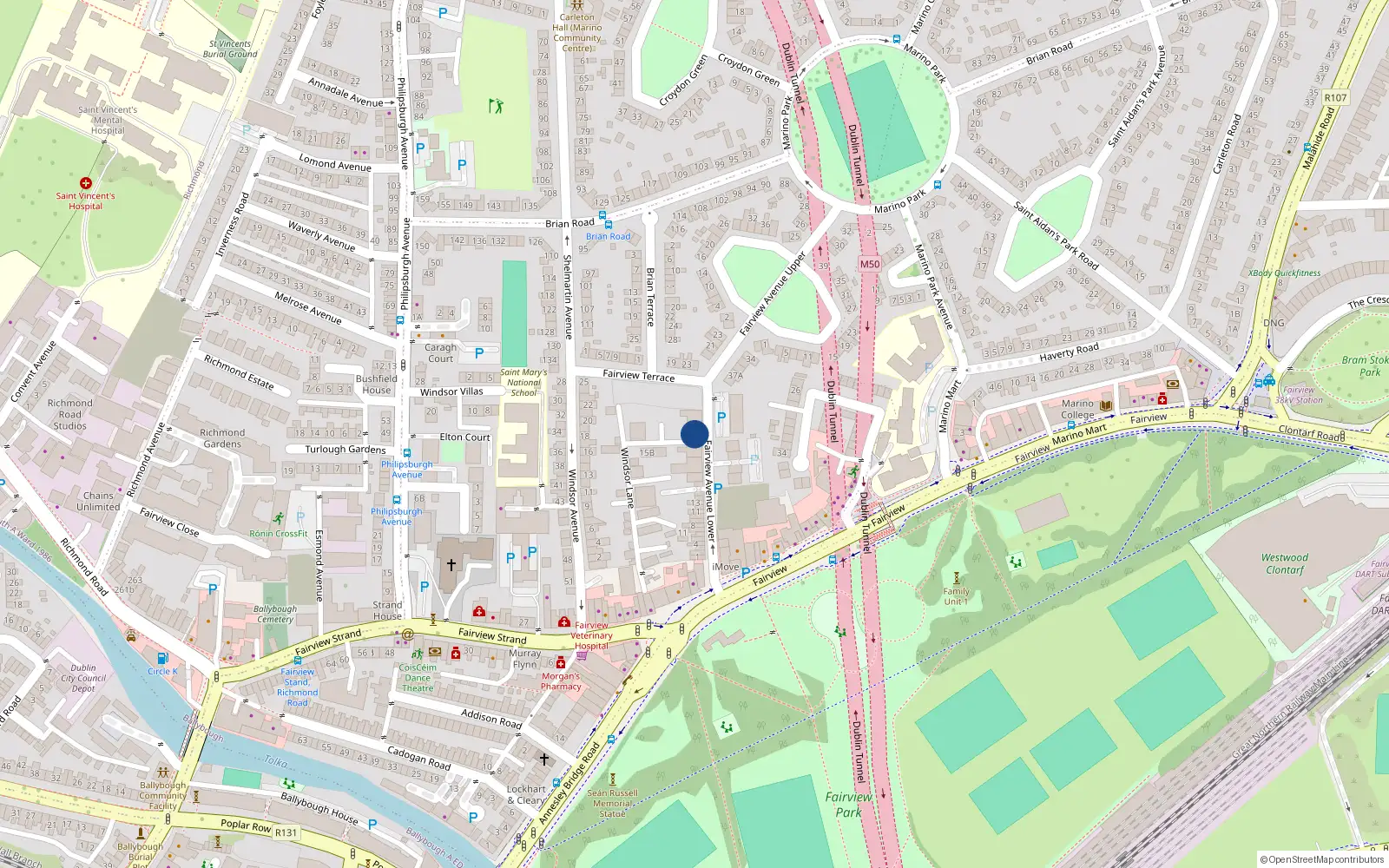 Overhead map showing the location of 16 Lower Fairview Avenue, Fairview, Dublin 3