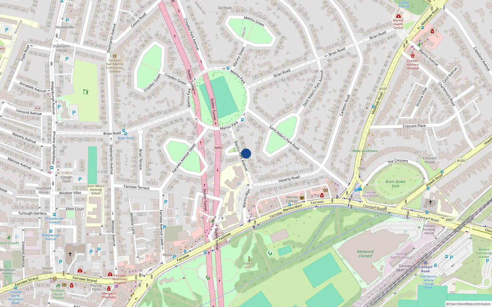 Overhead map showing the location of 16 Marino Park Avenue, Fairview, Dublin 3