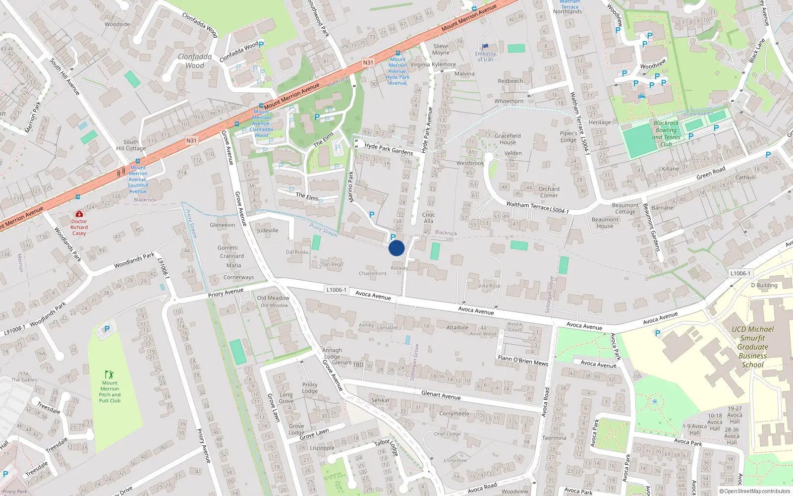 Overhead map showing the location of 16 Marino Park, Blackrock, Co Dublin