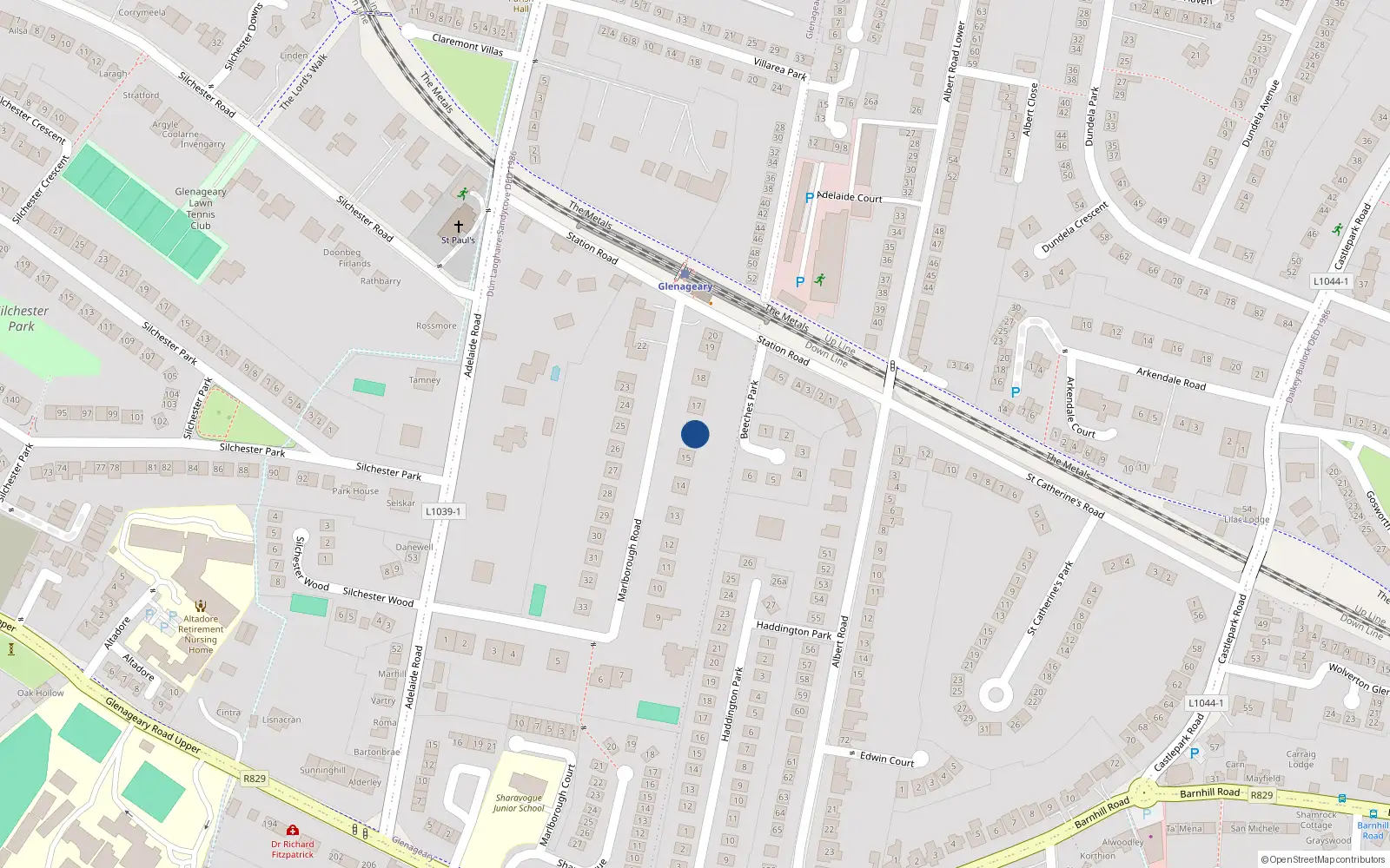 Overhead map showing the location of 16 Marlborough Road, Dun Laoghaire