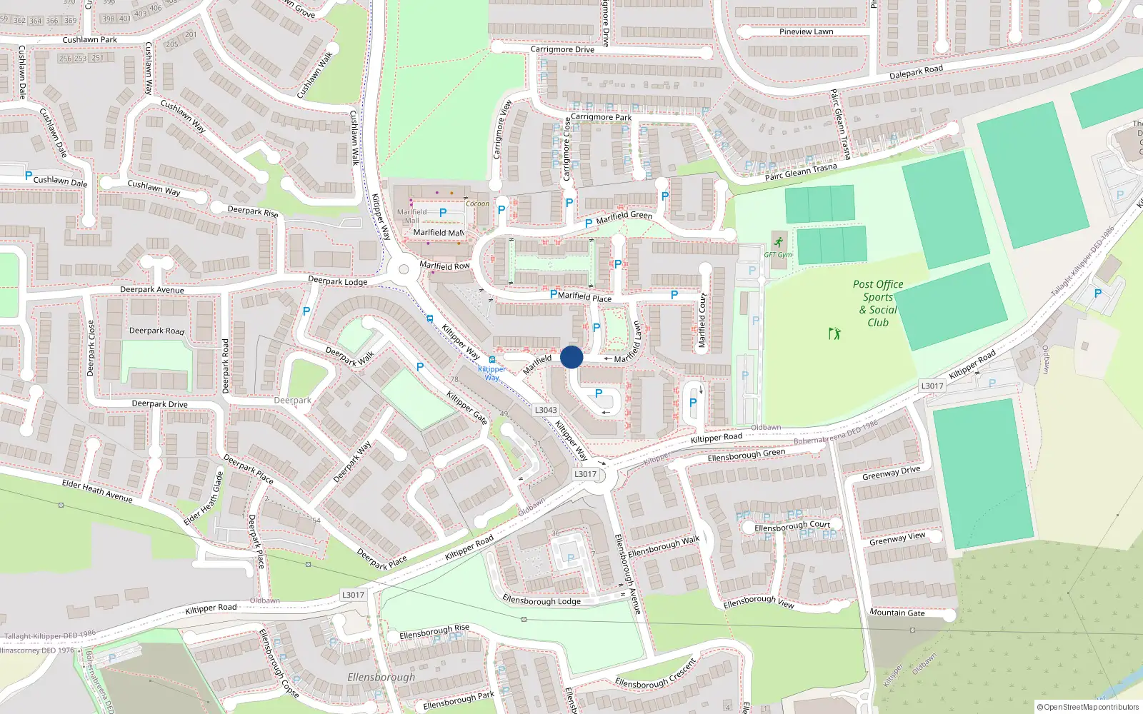 Overhead map showing the location of 16 Marlfield Close, Dublin
