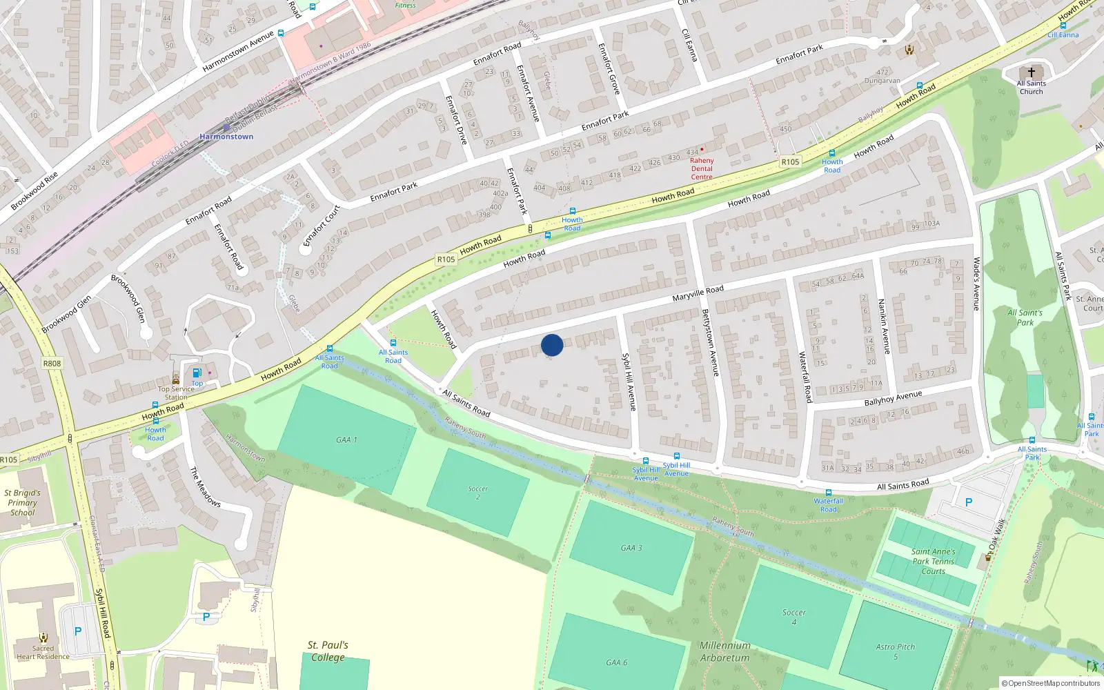 Overhead map showing the location of 16 Maryville Road, Dublin 5
