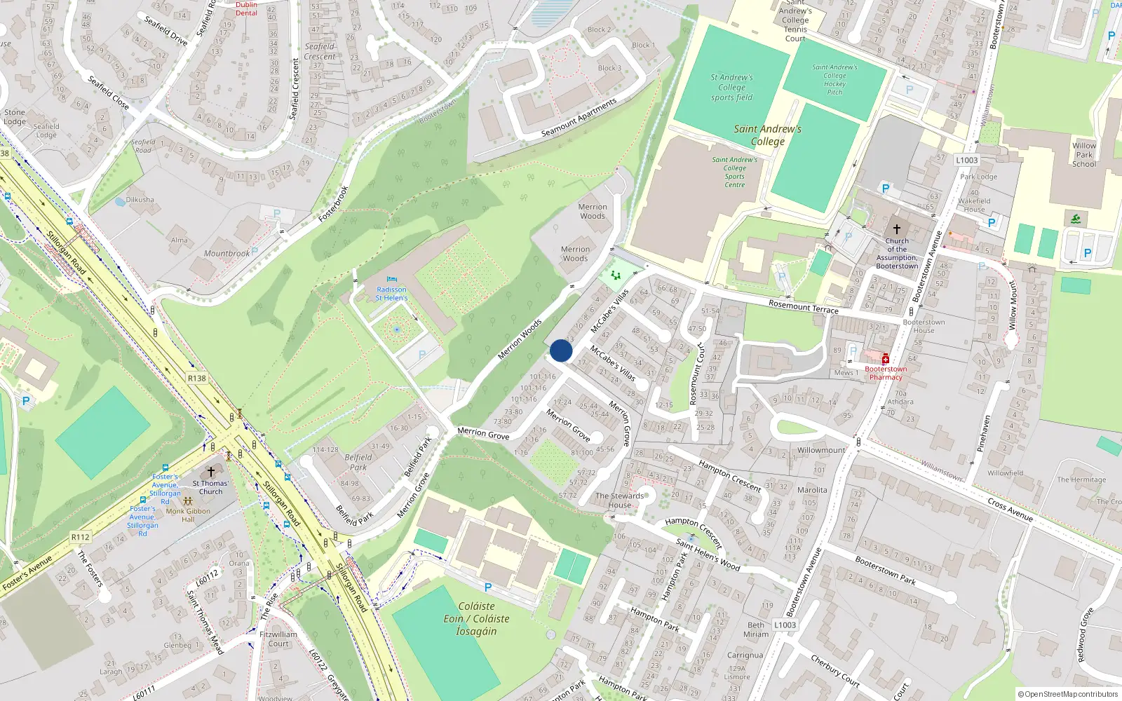 Overhead map showing the location of 16 McCabe's Villas, Booterstown