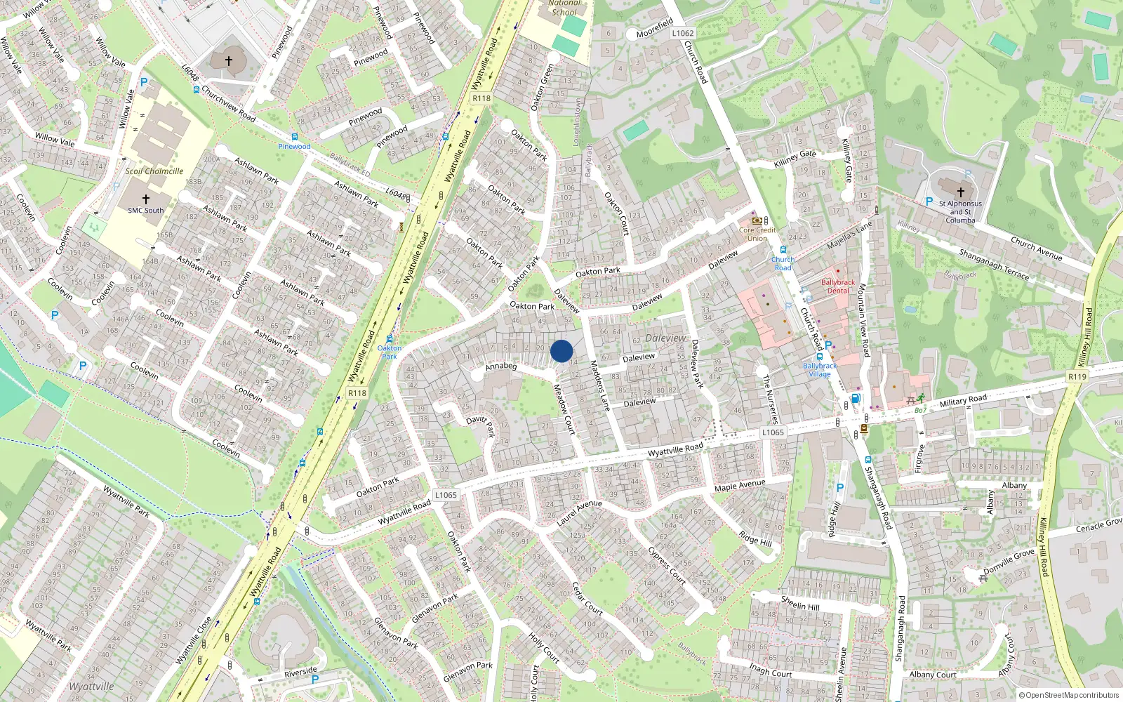 Overhead map showing the location of 16 Meadow Court, Ballybrack