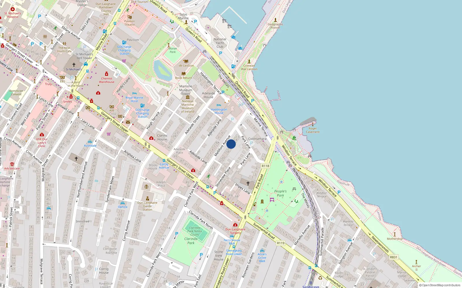 Overhead map showing the location of 16 Mellifont Avenue, Dun Laoghaire, Dublin