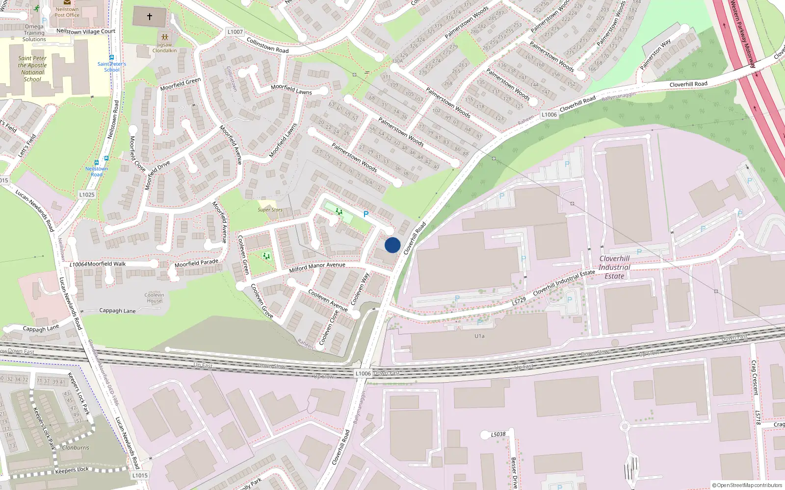 Overhead map showing the location of 16 Milford Manor Avenue, Dublin 22