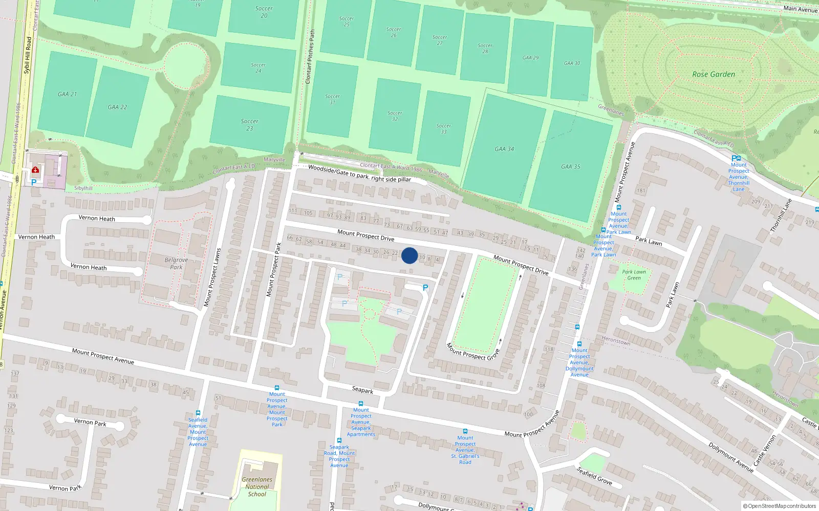 Overhead map showing the location of 16 Mount Prospect Drive, Dublin 3