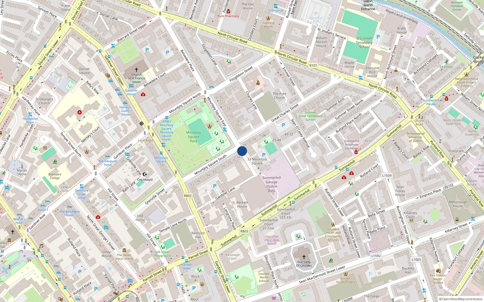Overhead map showing the location of 16 Mountjoy Square, Dublin 1