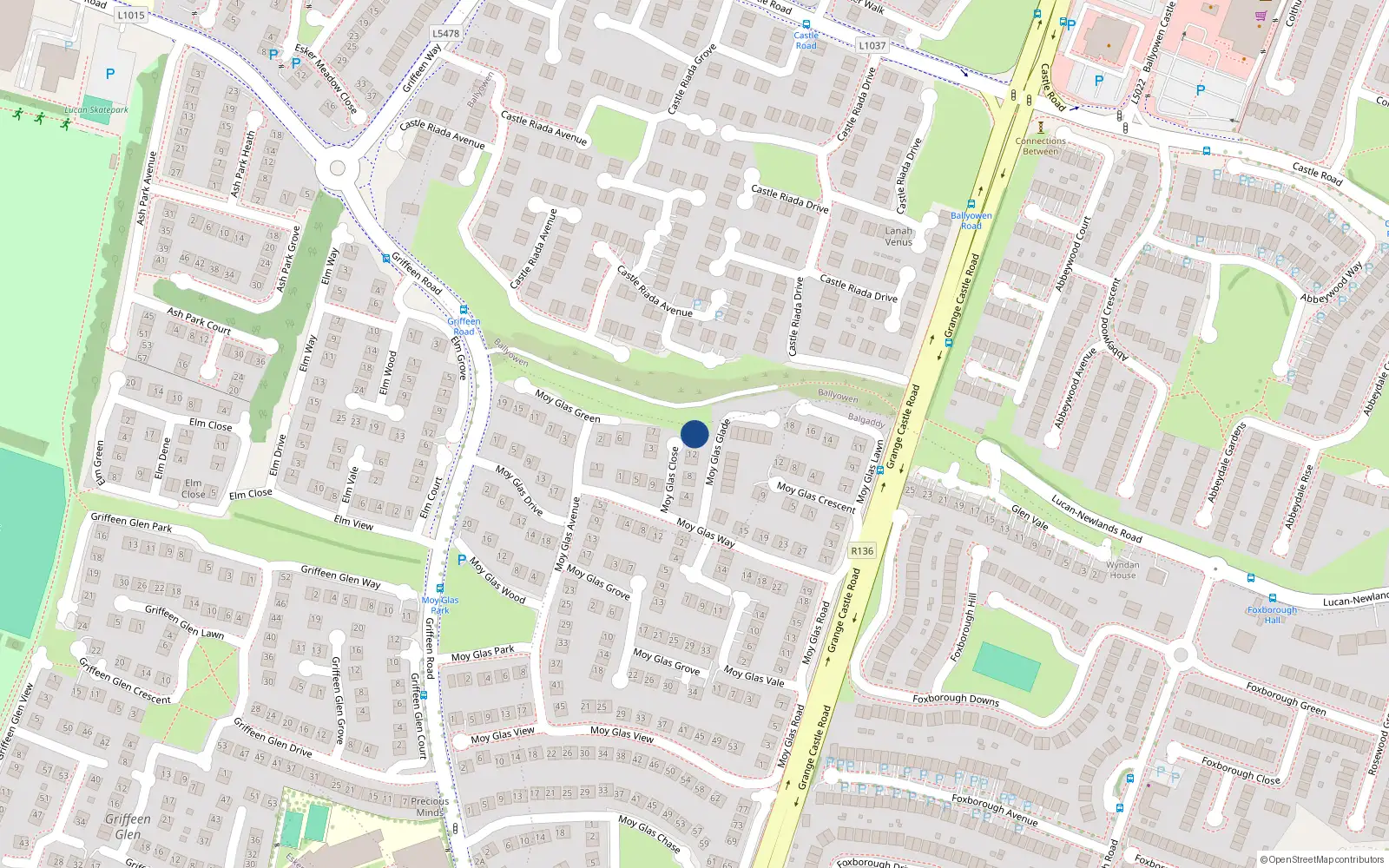 Overhead map showing the location of 16 Moy Glas Close, Lucan