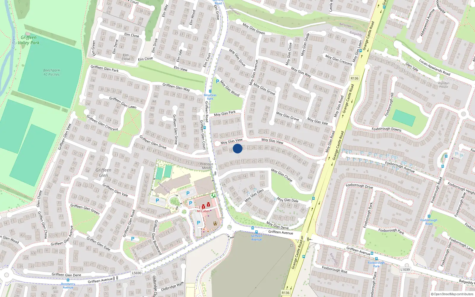 Overhead map showing the location of 16 Moy Glas View, Lucan, Dublin