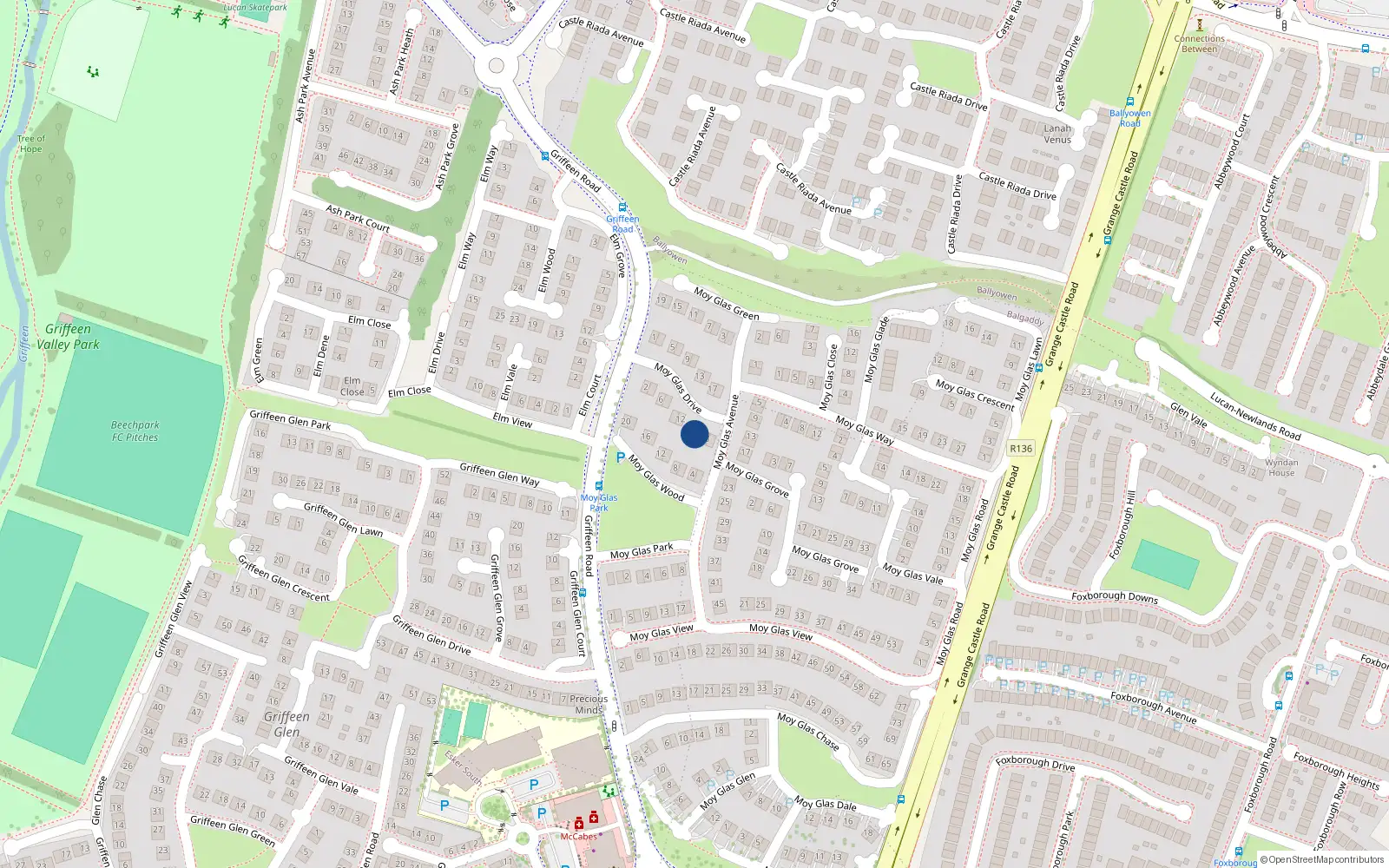 Overhead map showing the location of 16 Moy Glas Drive, Lucan