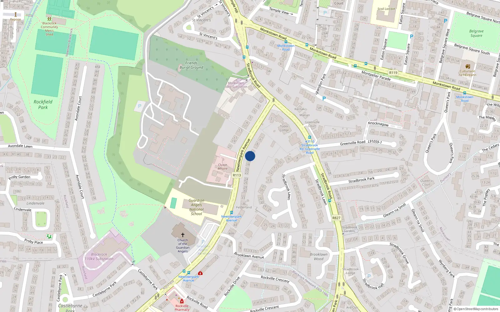 Overhead map showing the location of 16 Newtownpark Avenue, Blackrock