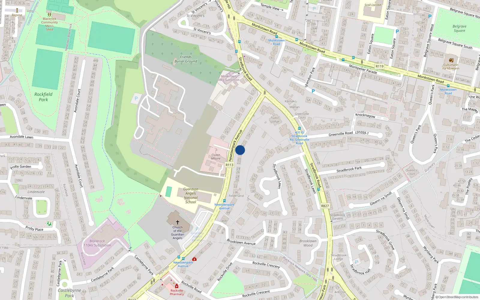 Overhead map showing the location of 16 Newtownpark Avenue, Blackrock, Dublin