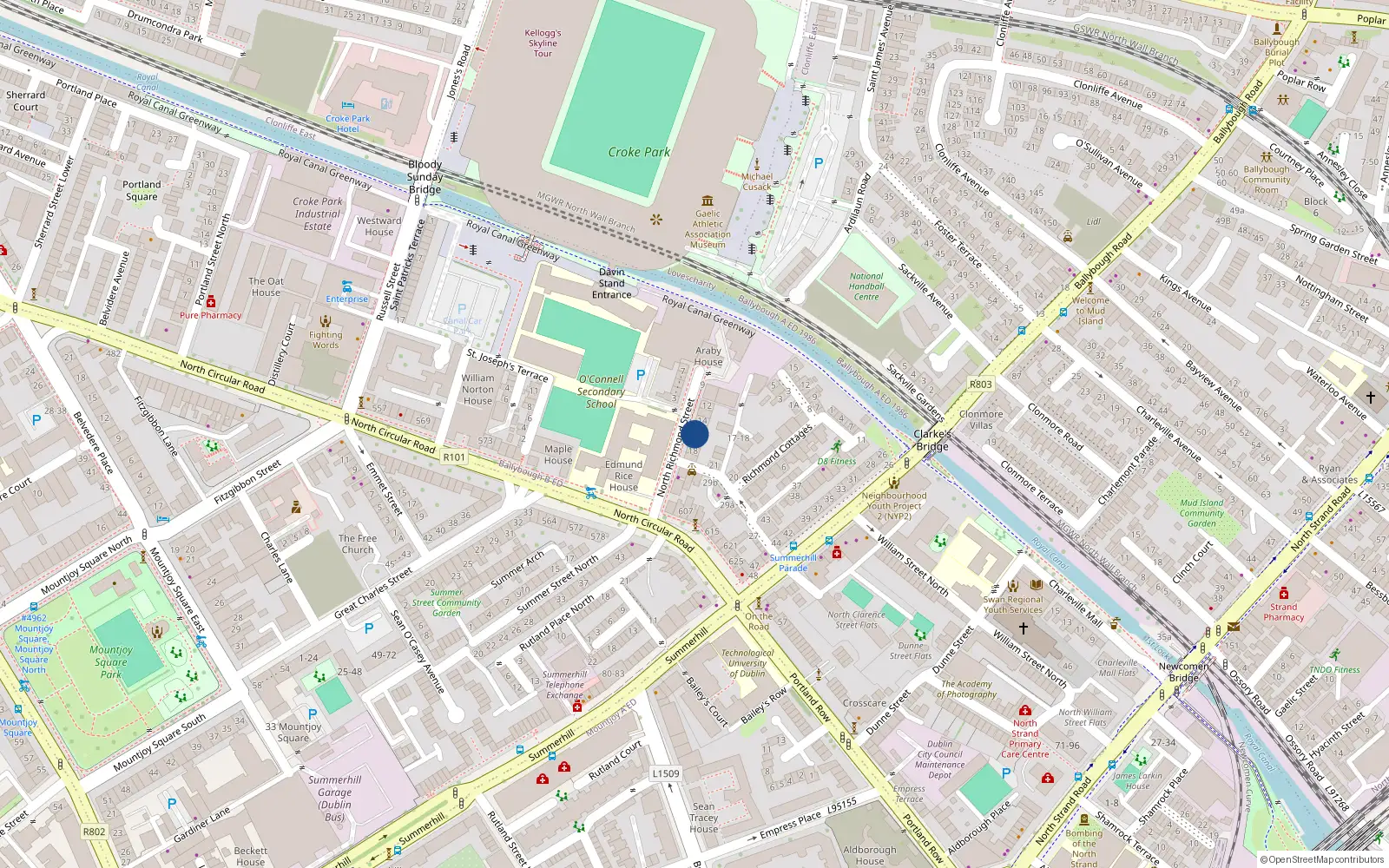 Overhead map showing the location of 16 North Richmond Street, North Circular Road, Dublin 1