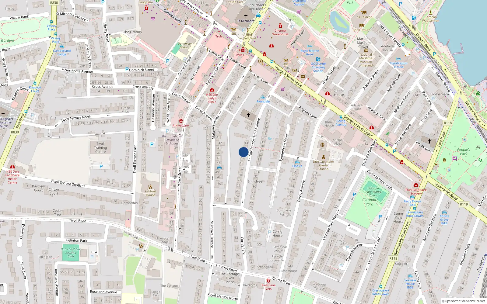 Overhead map showing the location of 16 Northumberland Avenue, Dun Laoghaire, Co Dublin