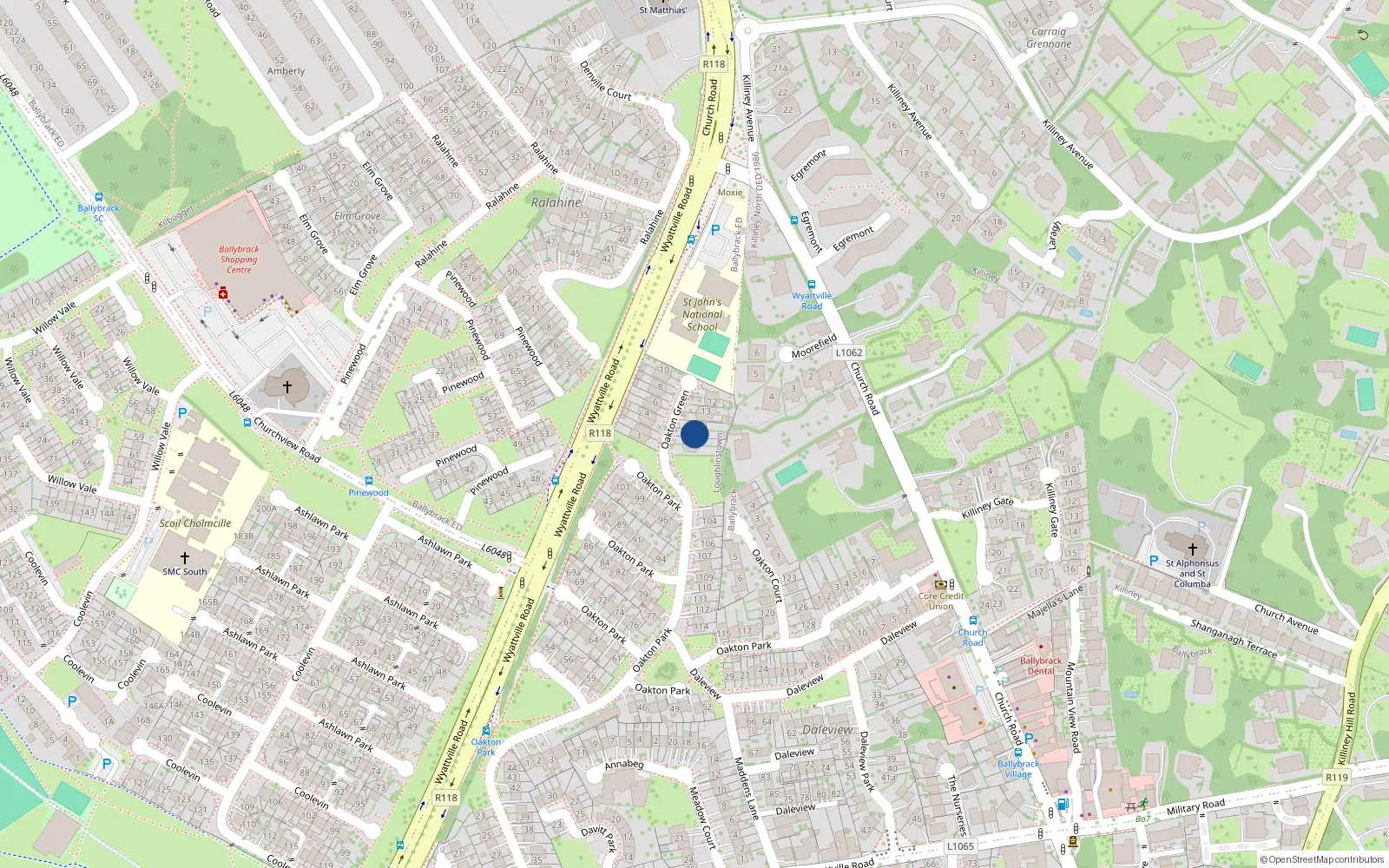 Overhead map showing the location of 16 Oakton Green, Ballybrack, Dublin