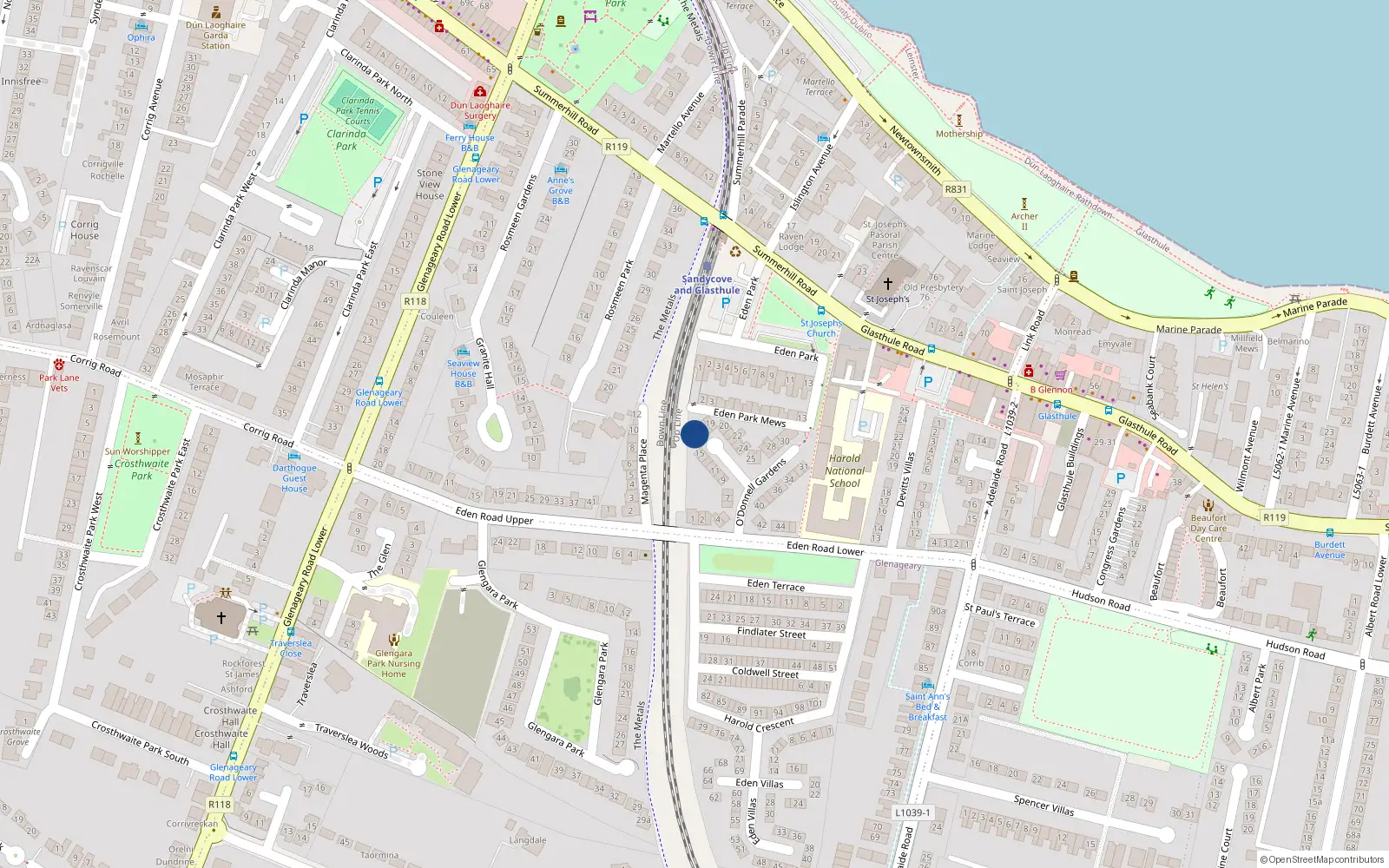 Overhead map showing the location of 16 O'Donnell Gardens, Dublin