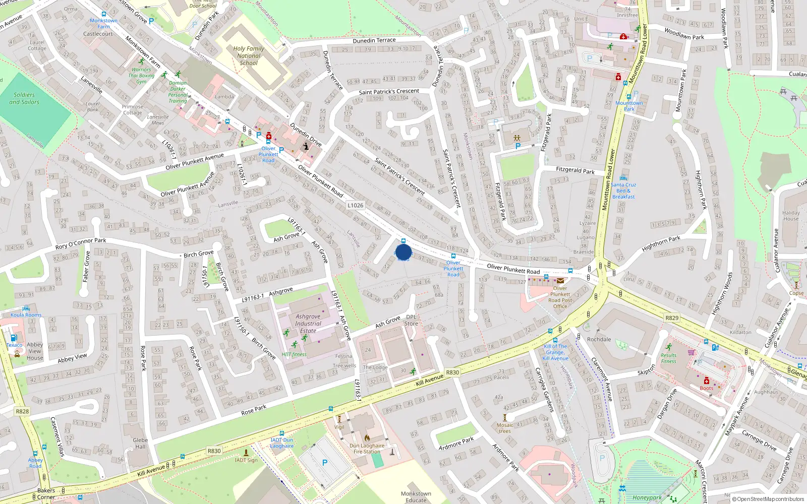 Overhead map showing the location of 16 Oliver Plunkett Square, Monkstown, Dublin