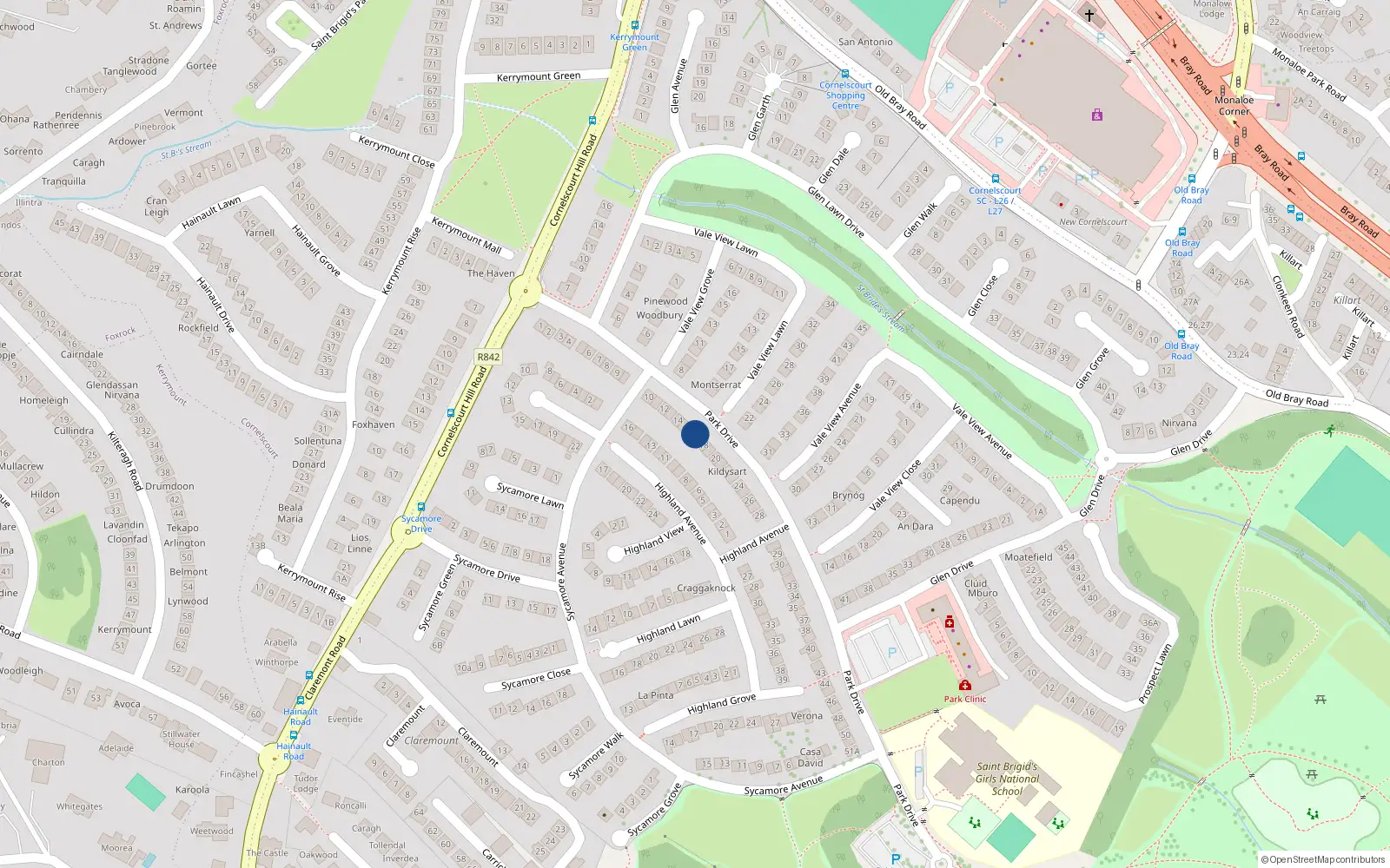 Overhead map showing the location of 16 Park Drive, Cabinteely