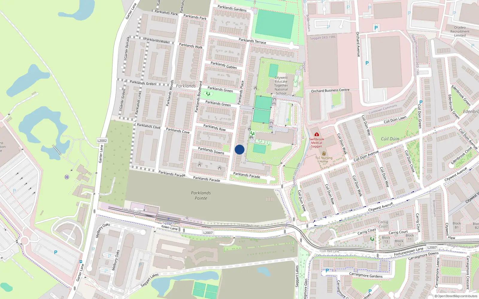 Overhead map showing the location of 16 Parklands Place, Saggart