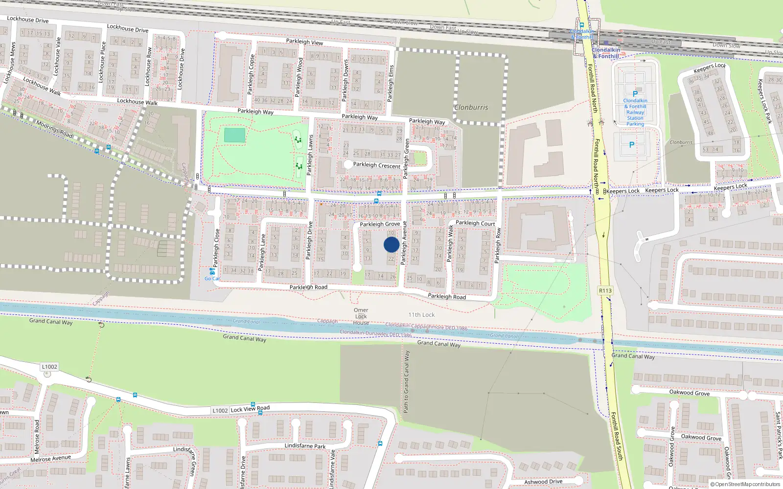 Overhead map showing the location of 16 Parkleigh Avenue, Dublin 22