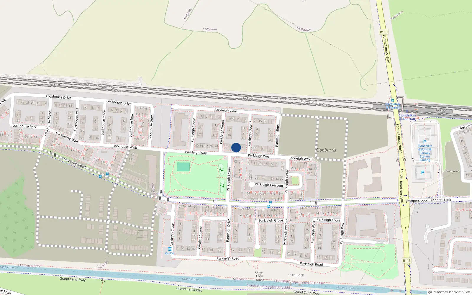 Overhead map showing the location of 16 Parkleigh Way, Dublin 22
