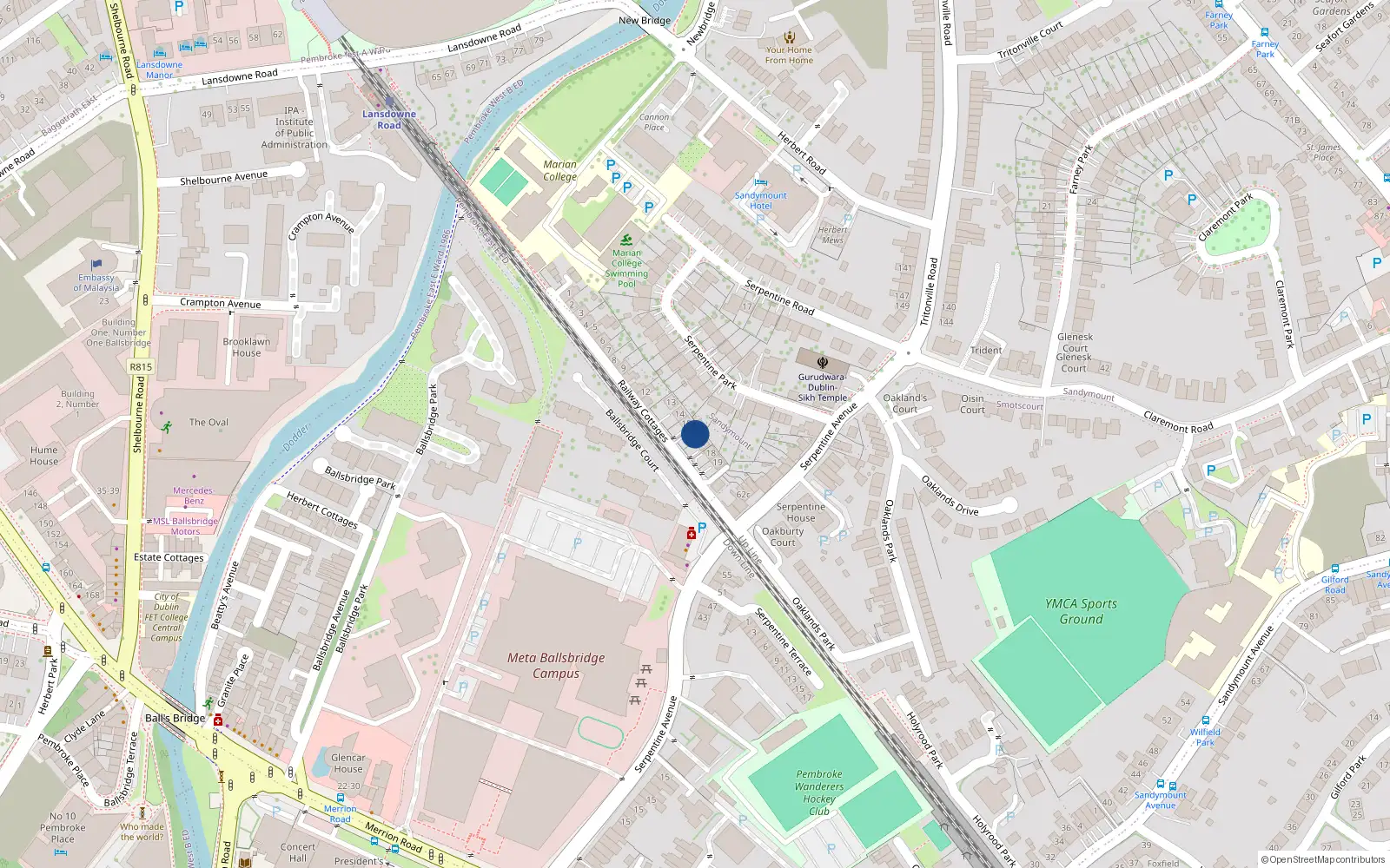 Overhead map showing the location of 16 Railway Cottages, Ballsbridge