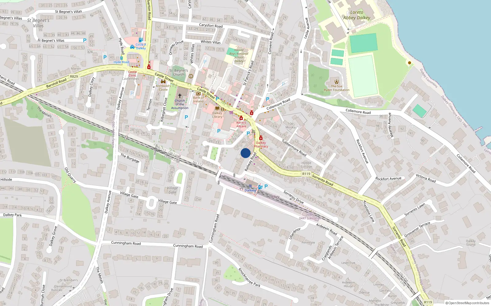Overhead map showing the location of 16 Railway Road, Dalkey, Dublin