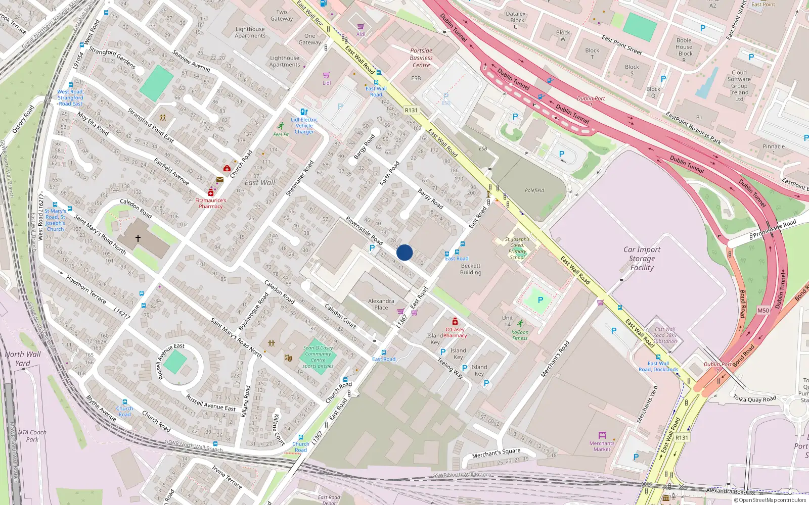 Overhead map showing the location of 16 Ravensdale Road, East Road, Dublin 3