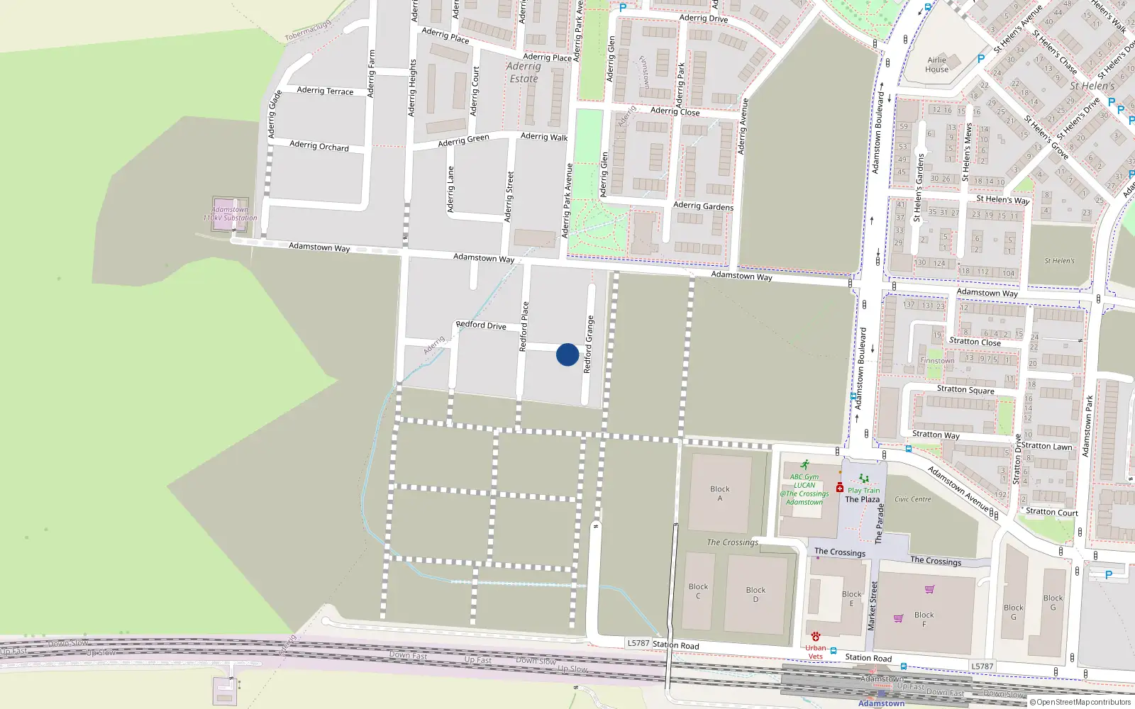 Overhead map showing the location of 16 Redford Place, Lucan