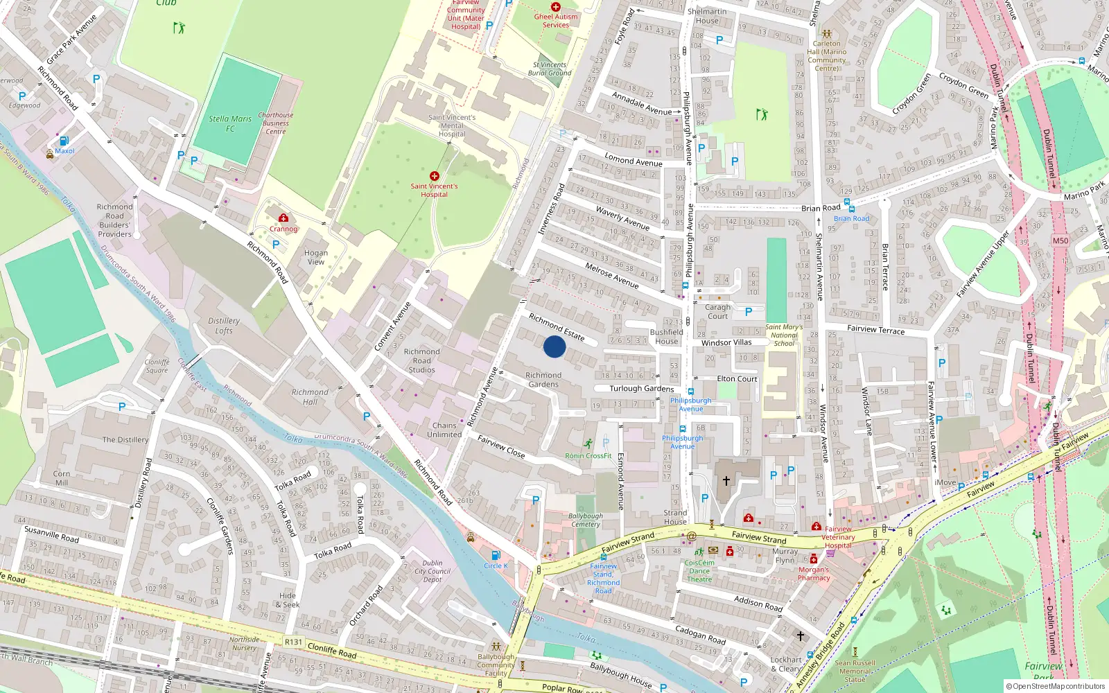 Overhead map showing the location of 16 Richmond Est, Fairview, Dublin 3