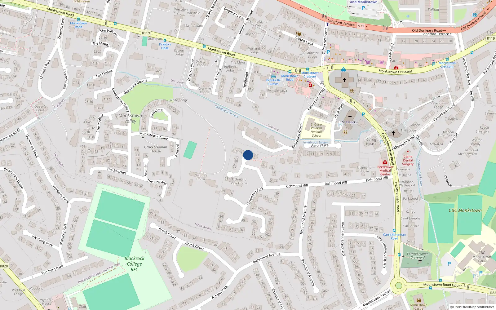 Overhead map showing the location of 16 Richmond Park, Monkstown, Dublin