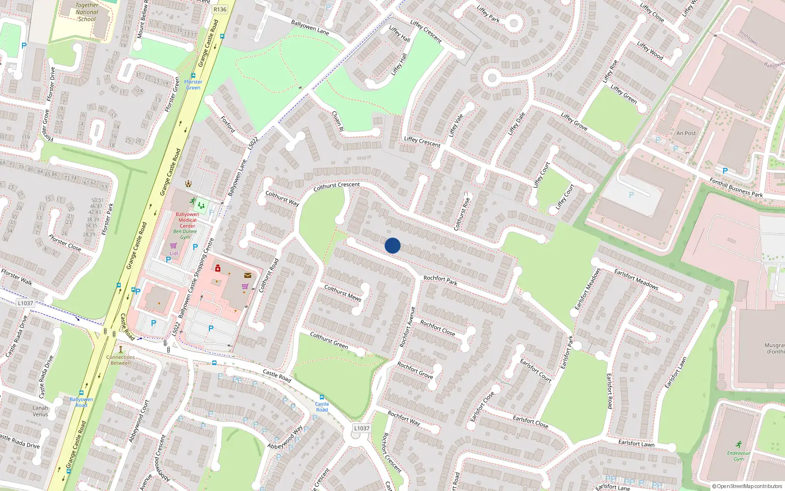 Overhead map showing the location of 16 Rochfort Park, Rochfort Downs, Lucan