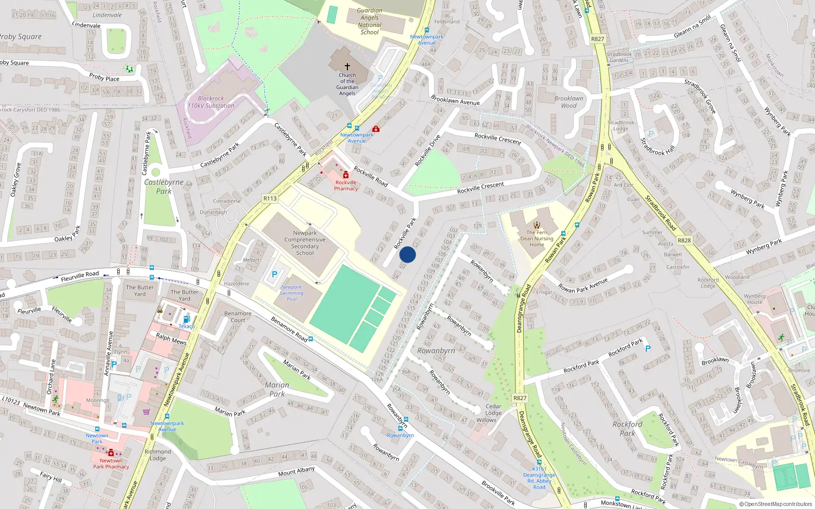 Overhead map showing the location of 16 Rockville Park, Blackrock