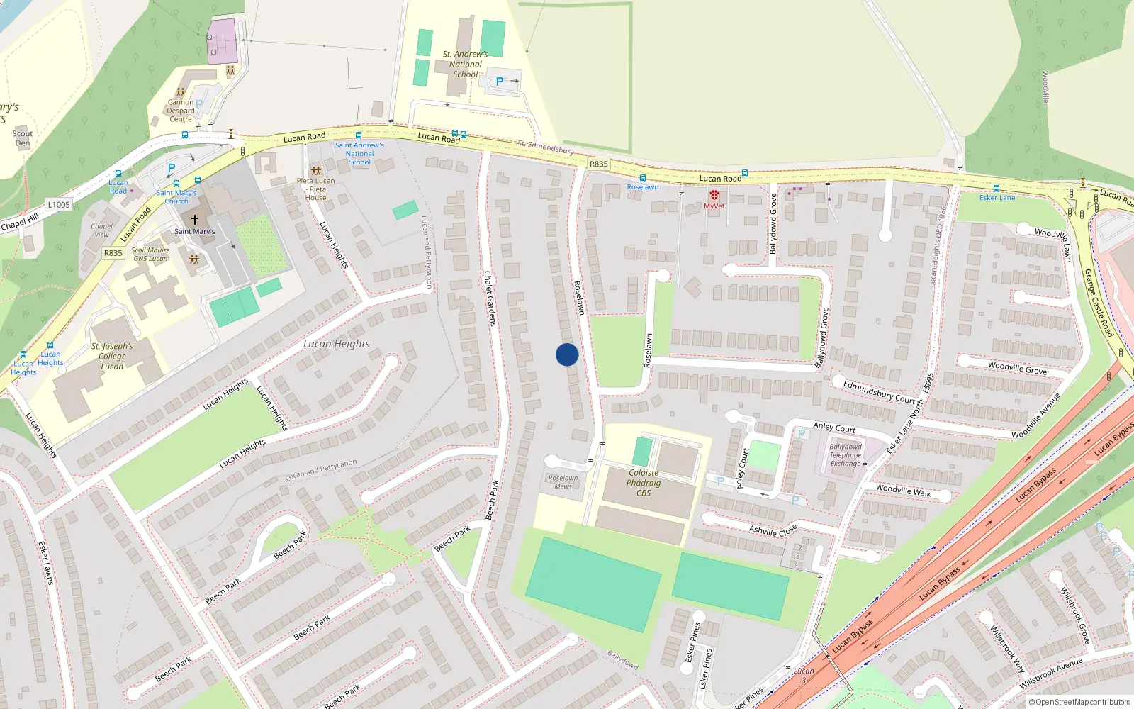 Overhead map showing the location of 16 Roselawn, Ballydowd, Lucan