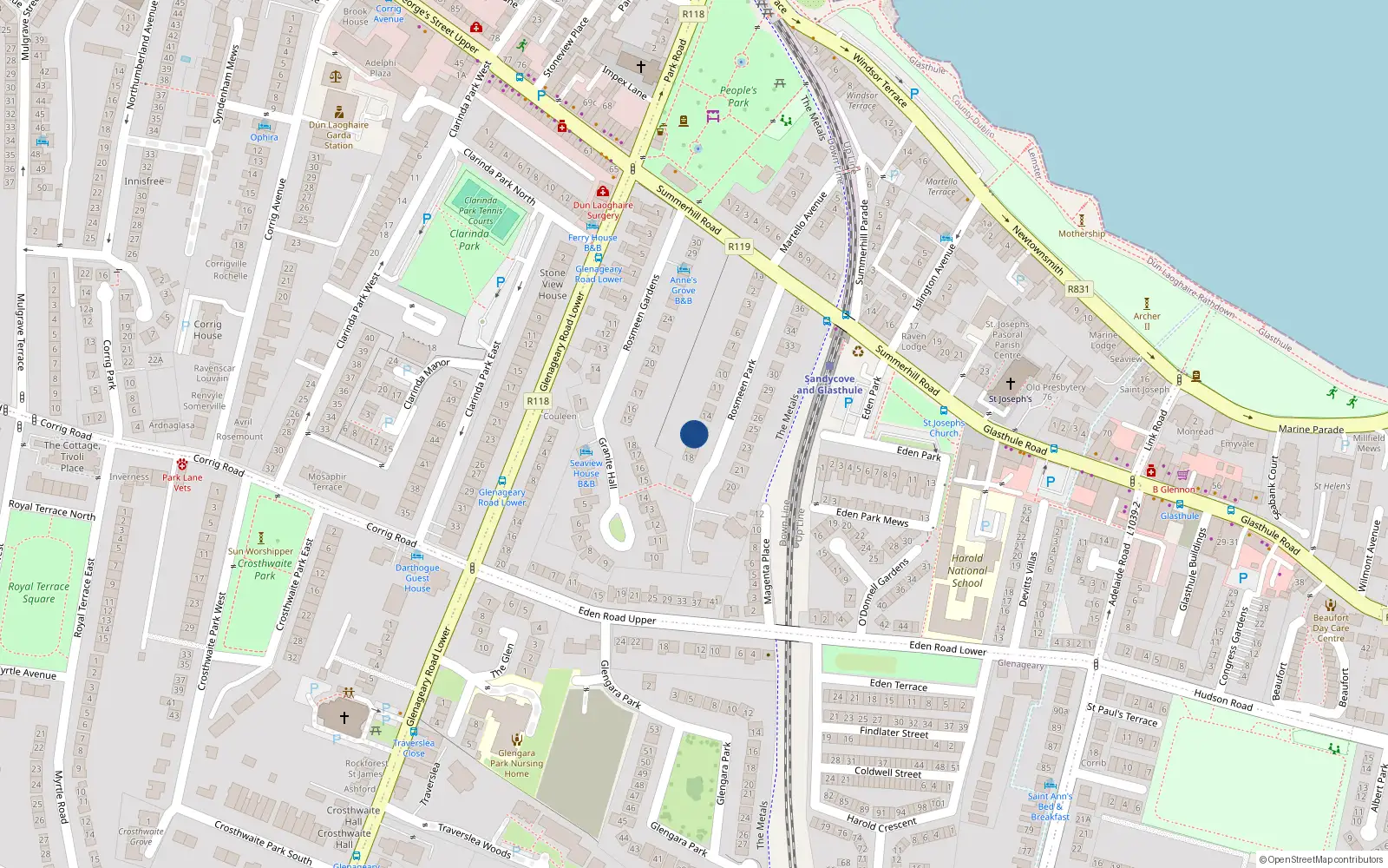 Overhead map showing the location of 16 Rosmeen Park, Dublin