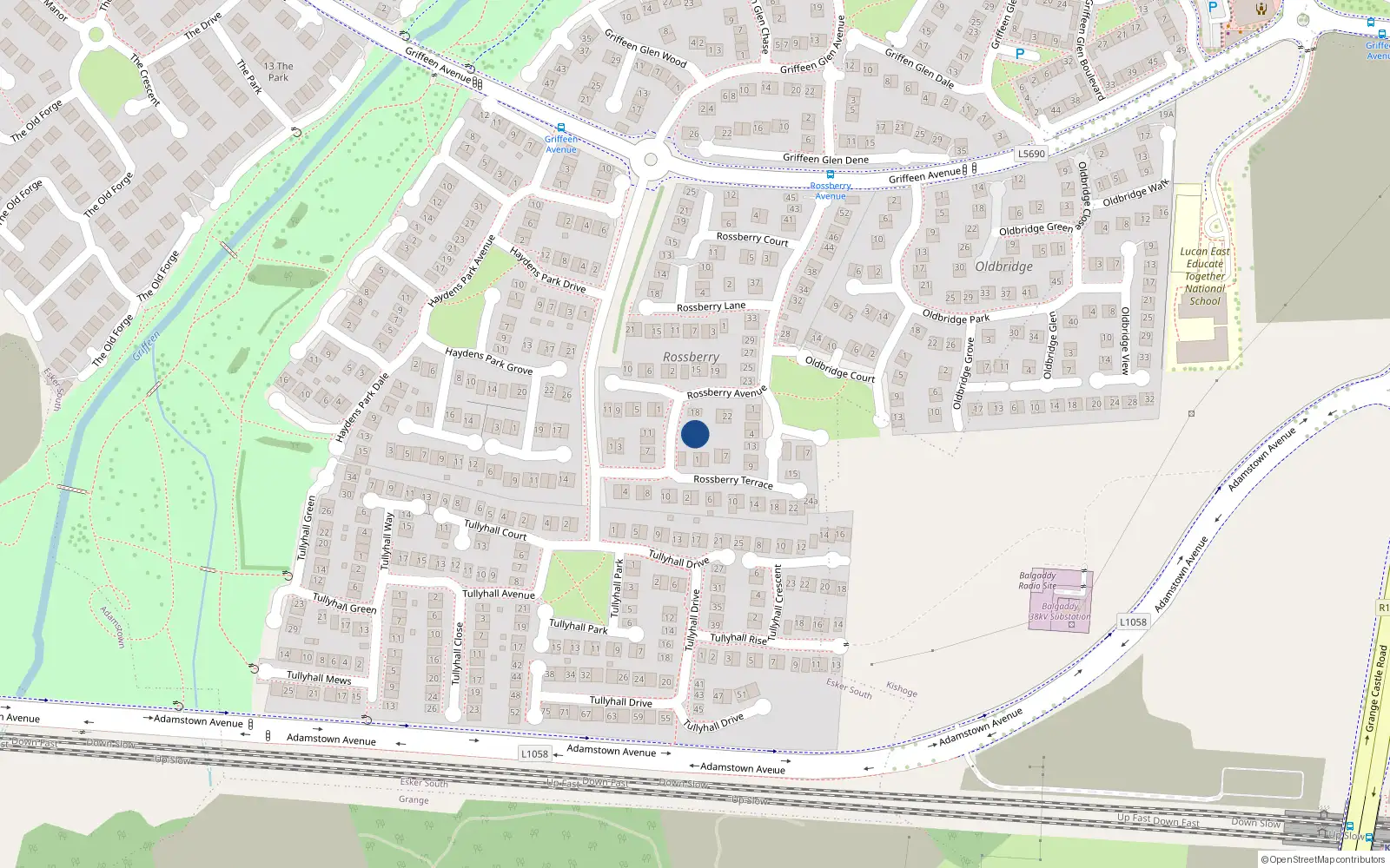 Overhead map showing the location of 16 Rossberry Avenue, Lucan