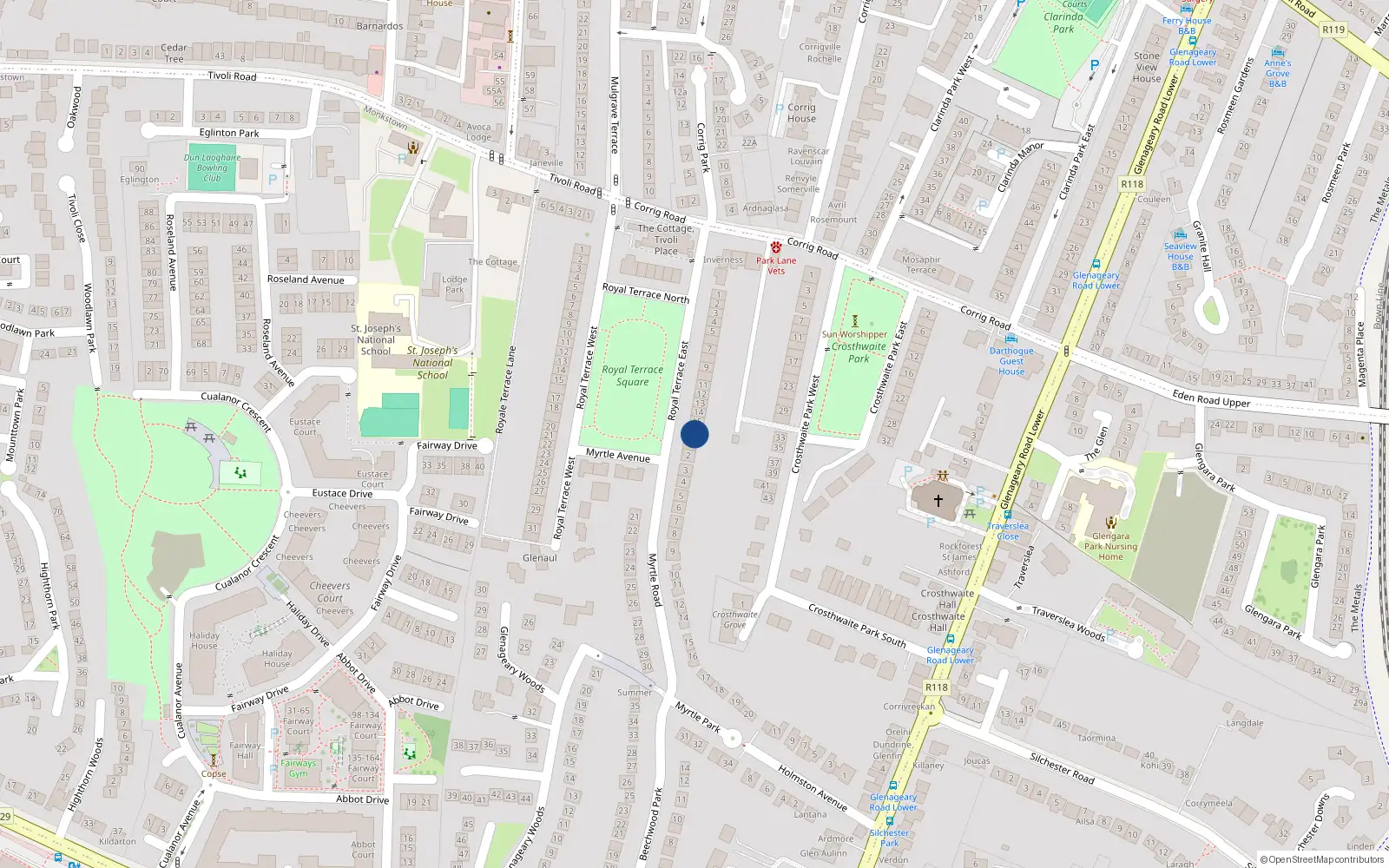 Overhead map showing the location of 16 Royal Terrace East, Dublin
