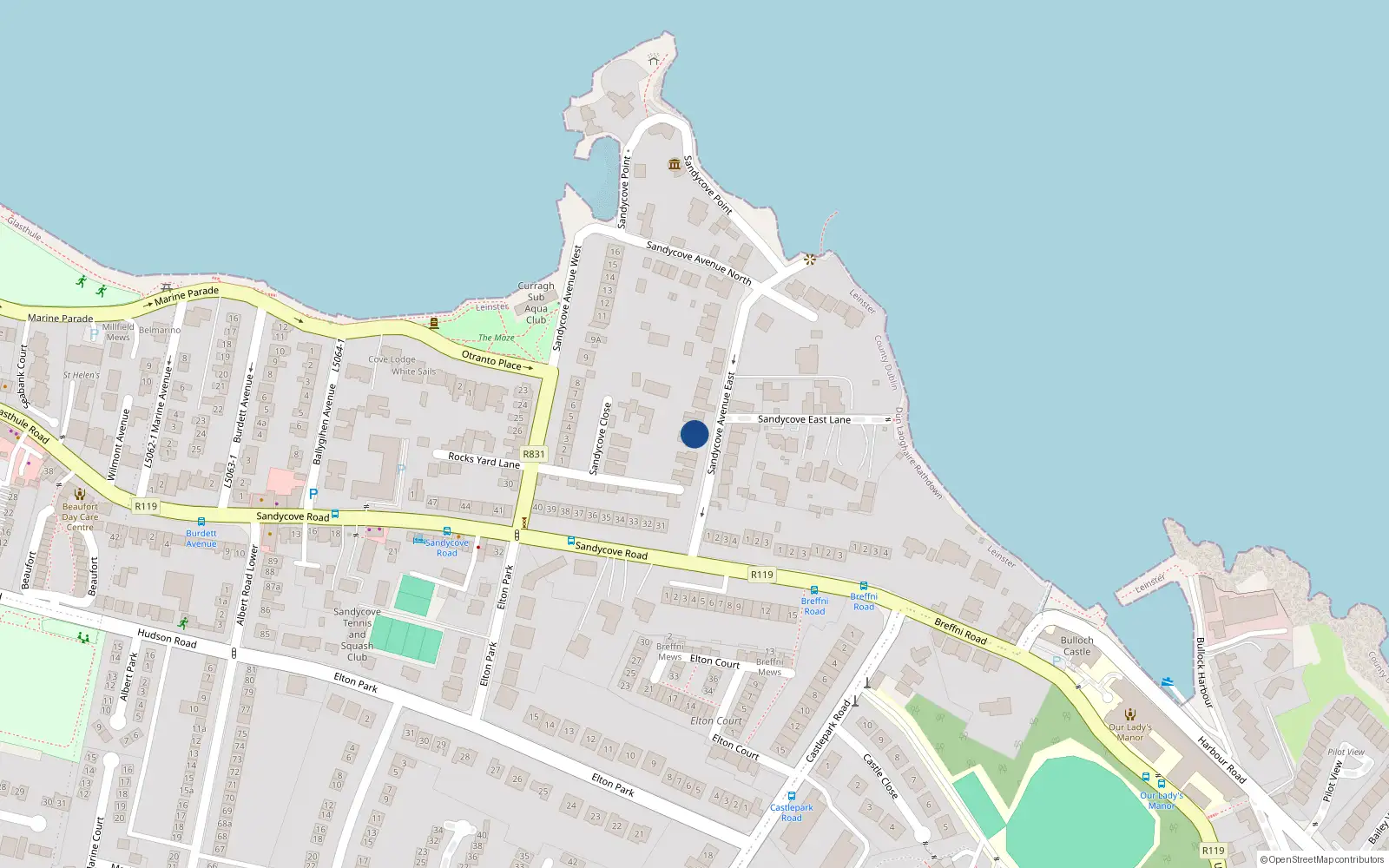 Overhead map showing the location of 16 Sandycove Avenue East, Sandycove, Dublin