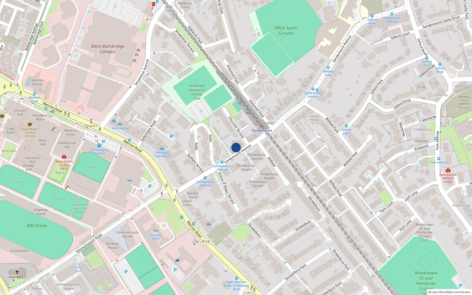 Overhead map showing the location of 16 Sandymount Avenue, Ballsbridge