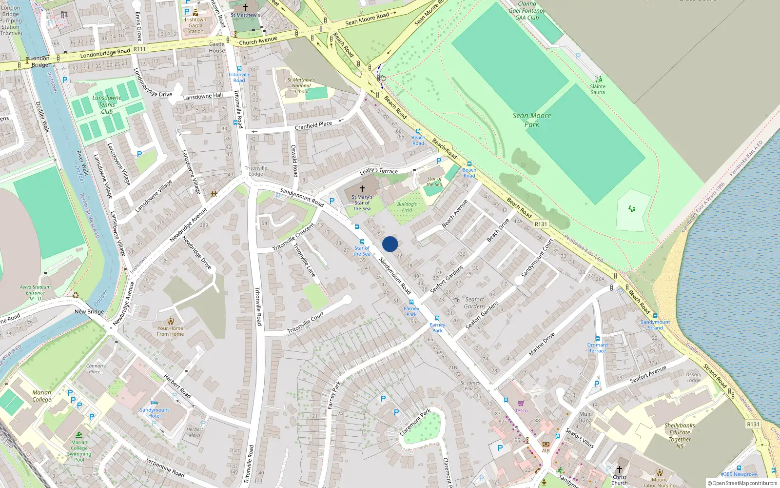 Overhead map showing the location of 16 Sandymount Road, Sandymount