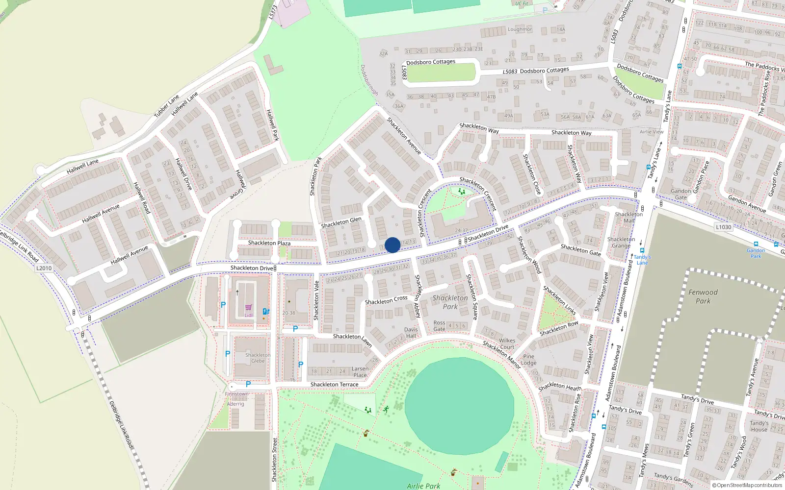 Overhead map showing the location of 16 Shackleton Drive, Lucan