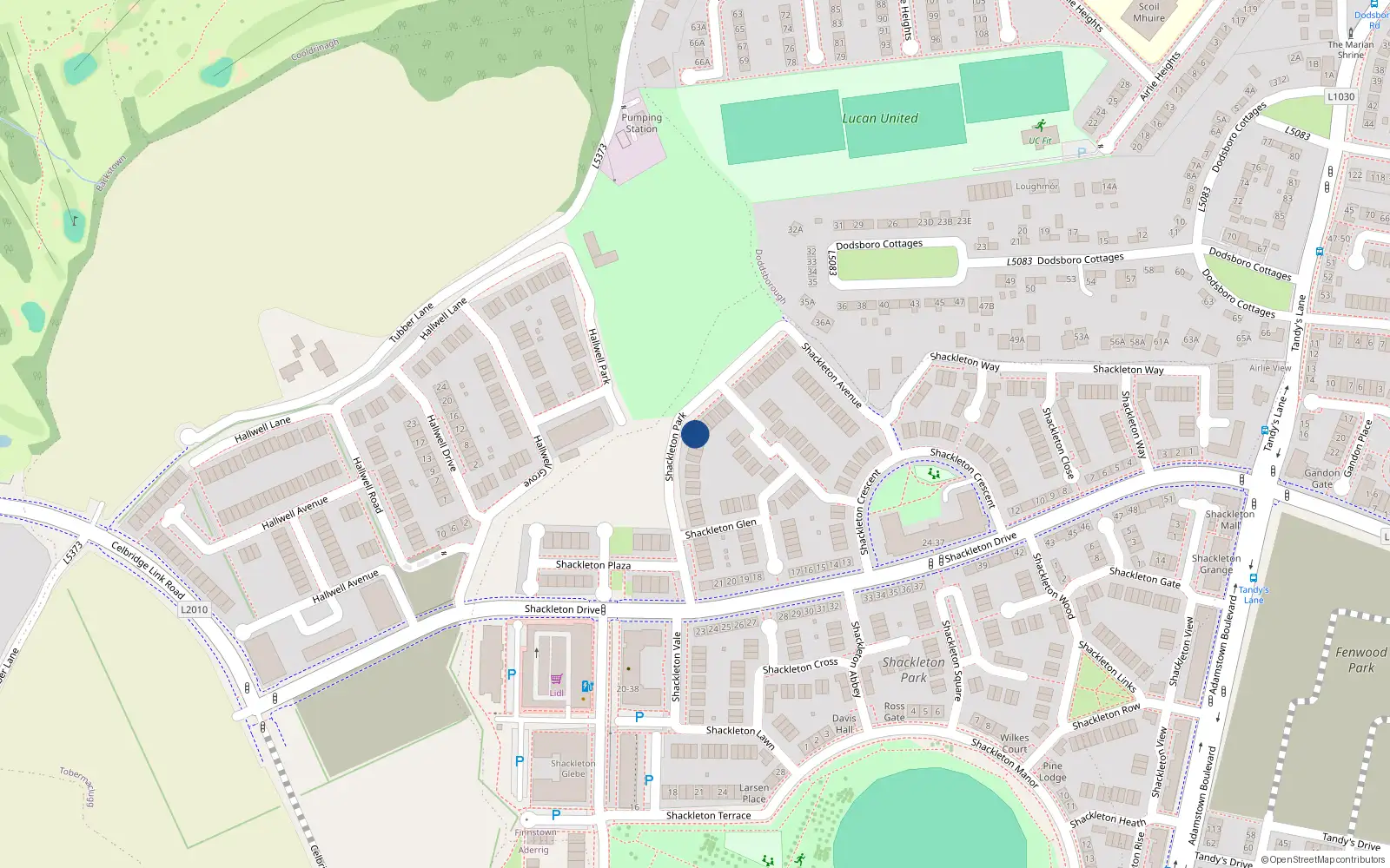 Overhead map showing the location of 16 Shackleton Park, Lucan