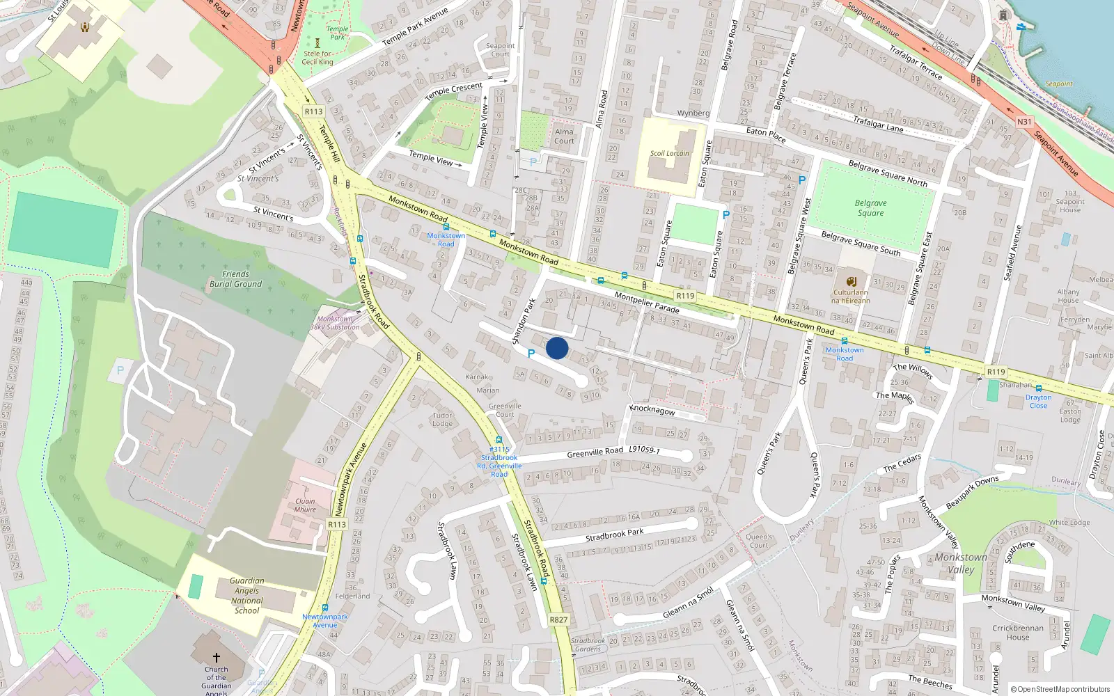 Overhead map showing the location of 16 Shandon Park, Monkstown