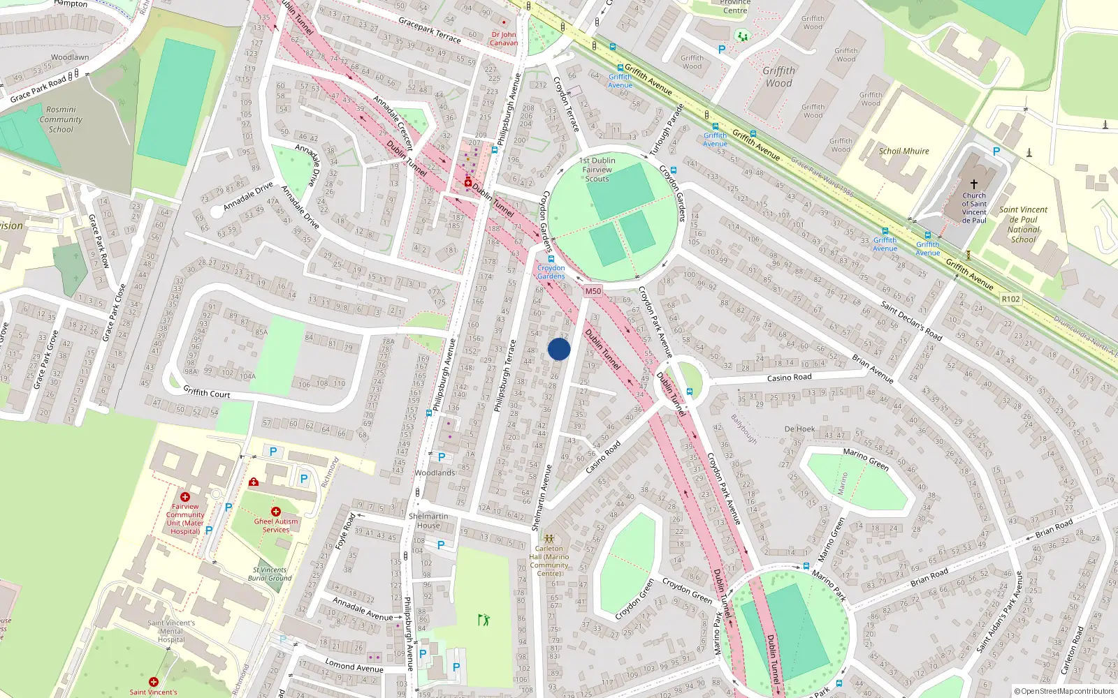 Overhead map showing the location of 16 Shelmartin Avenue, Marino, Dublin 3