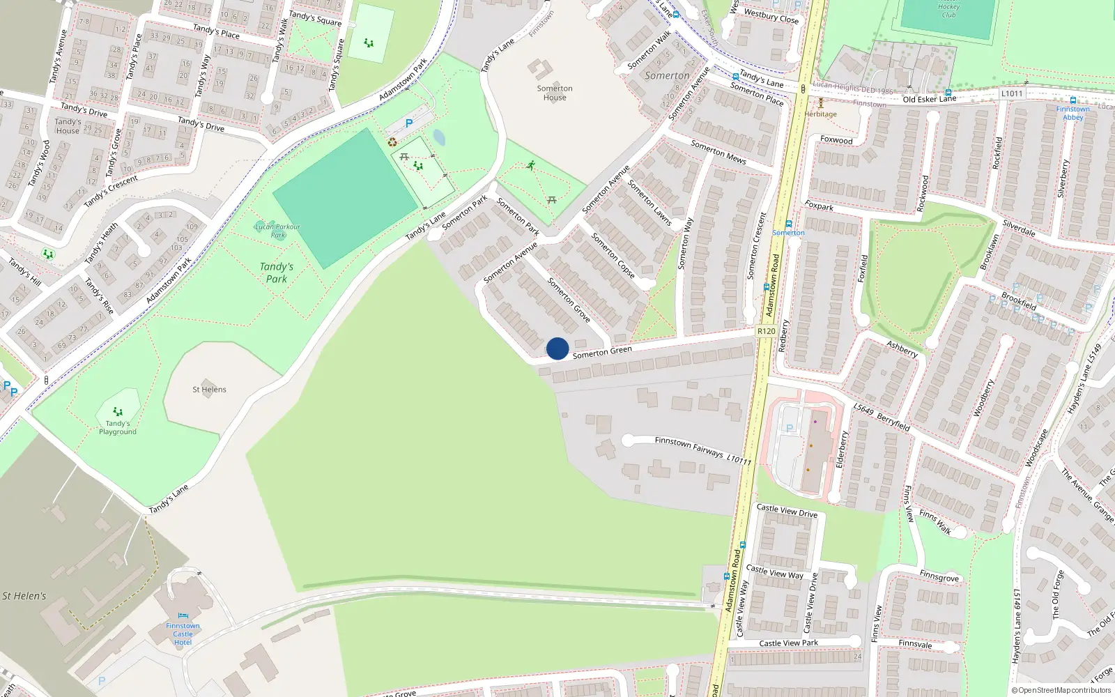 Overhead map showing the location of 16 Somerton Green, Finnstown