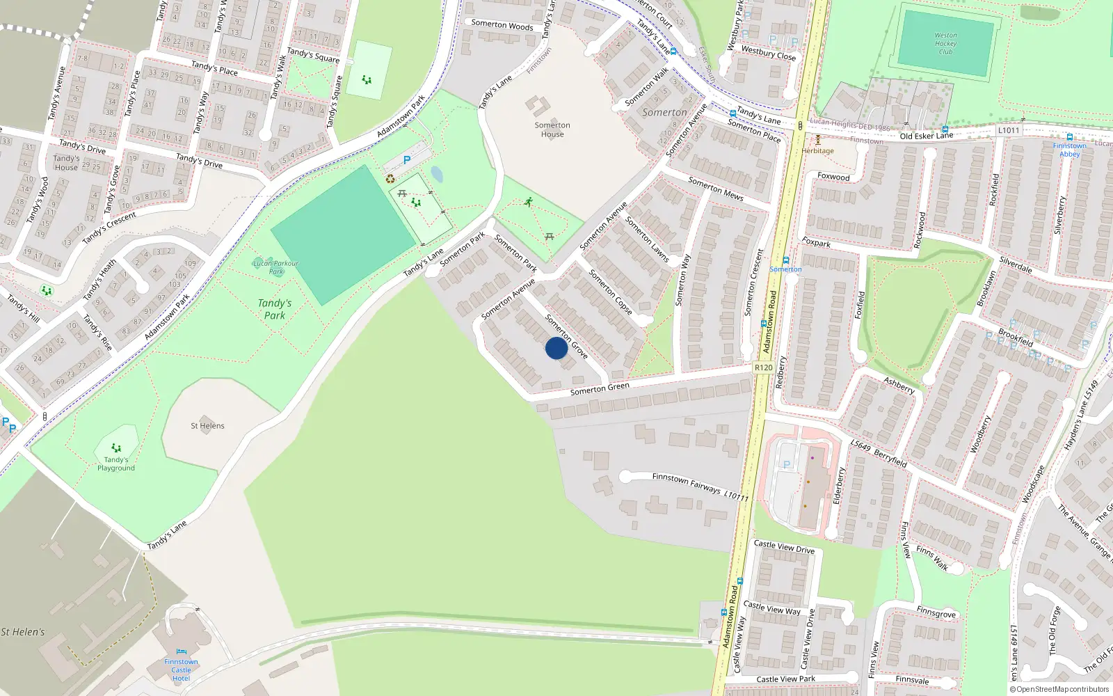 Overhead map showing the location of 16 Somerton Grove, Finnstown